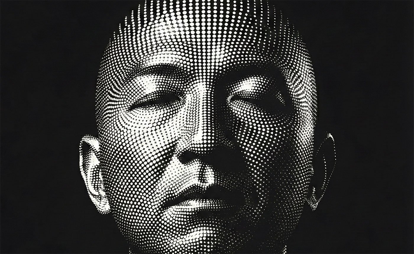 Retrato estilizado em halftone de Elcio Kudo, estrategista de marca e criador do iKudo